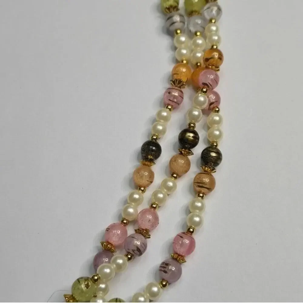 Treska Vintage Style Triple Strand Multicolor Faux Pearl Pastel Bead Necklace